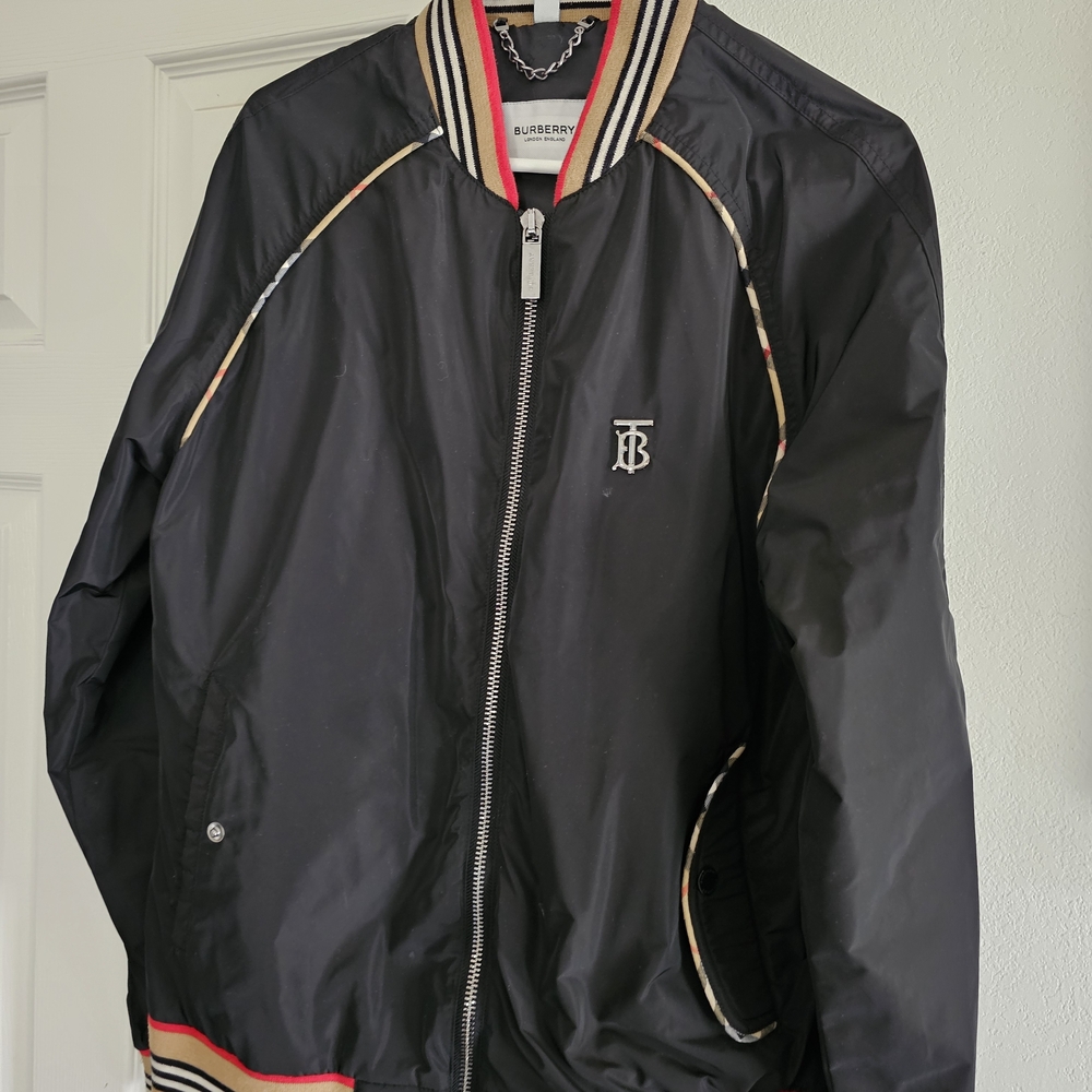 Burberry Black Bomber Jacket with Cream and Red Details